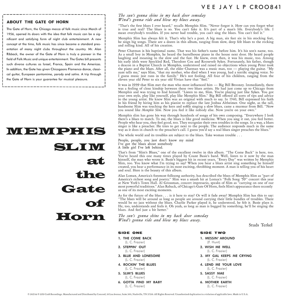 Review: Memphis Slim – At The Gate of Horn 180G LP Reissue by Craft Recordings Revives Bluesville Classic