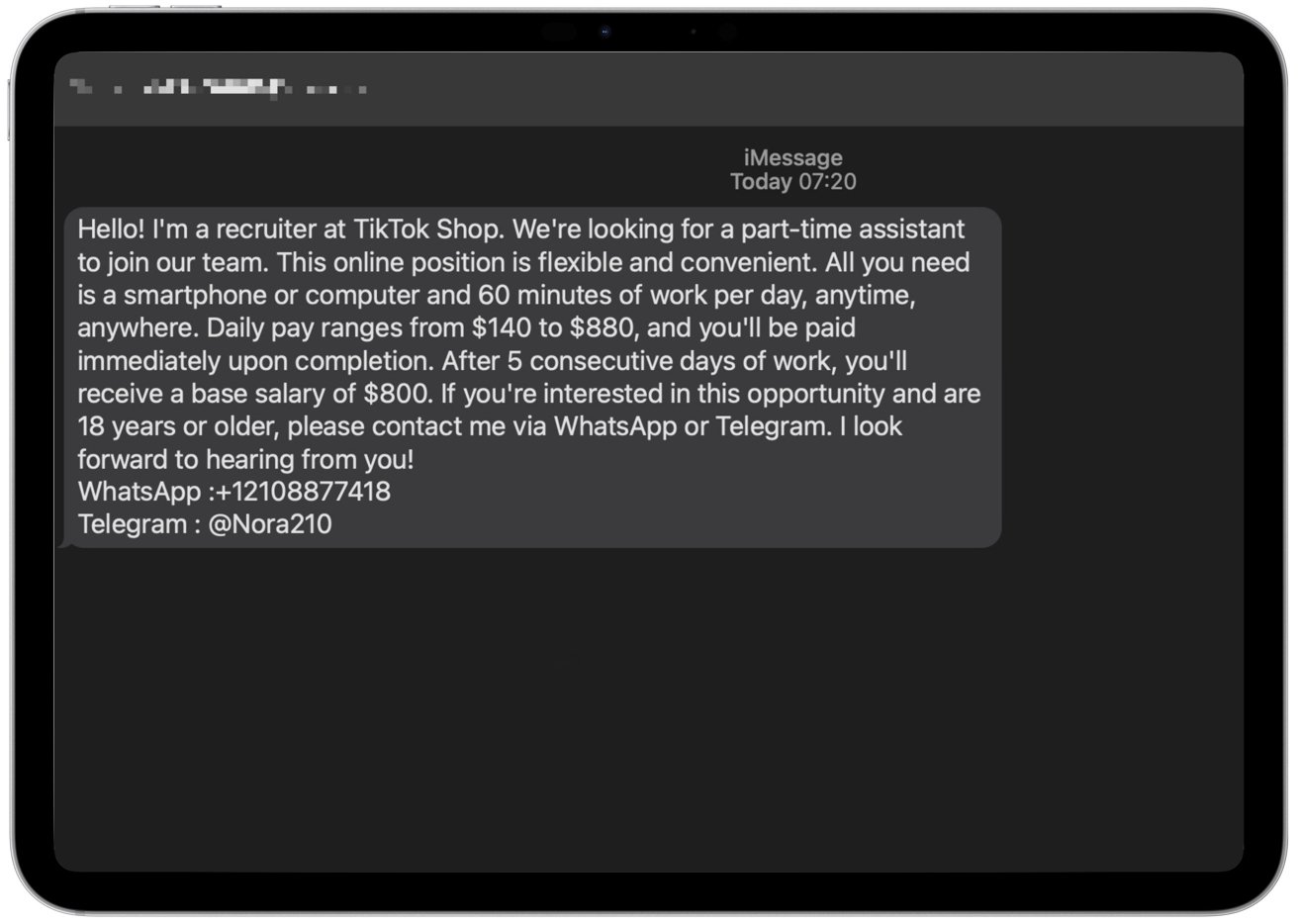TikTok remote job offer in a Message is a scam