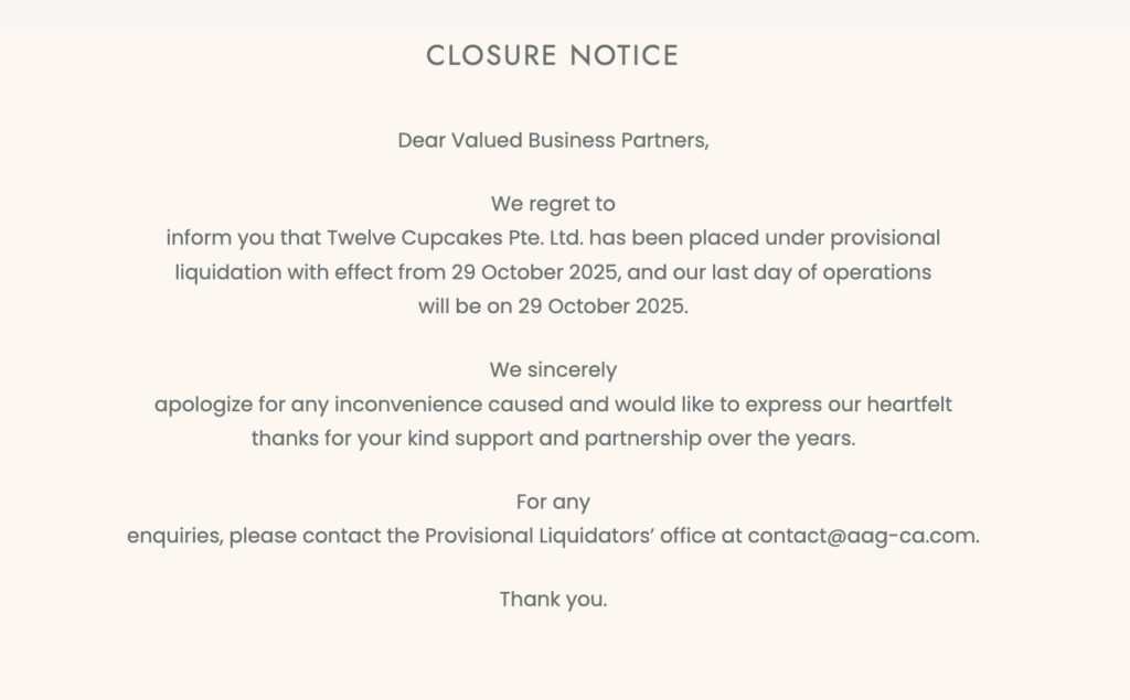 Twelve Cupcakes abruptly closes, to undergo provisional liquidation